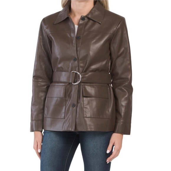 nwt Elie Tahari Faux Leather Jacket Belted Button Down Coat Brown Size Medium - Picture 15 of 16